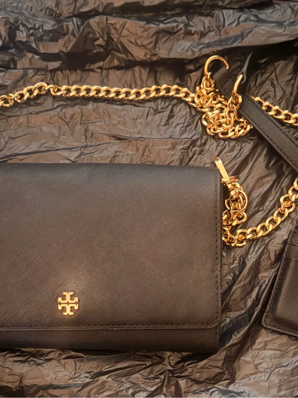 Tory Burch Black Saffiano Leather Mini Chain Wallet with Gold Hardware